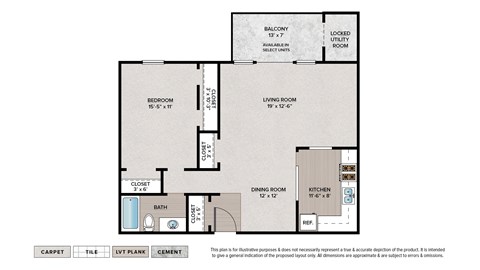 Floor plan for 1 bed, 1 bath, 890 sqft